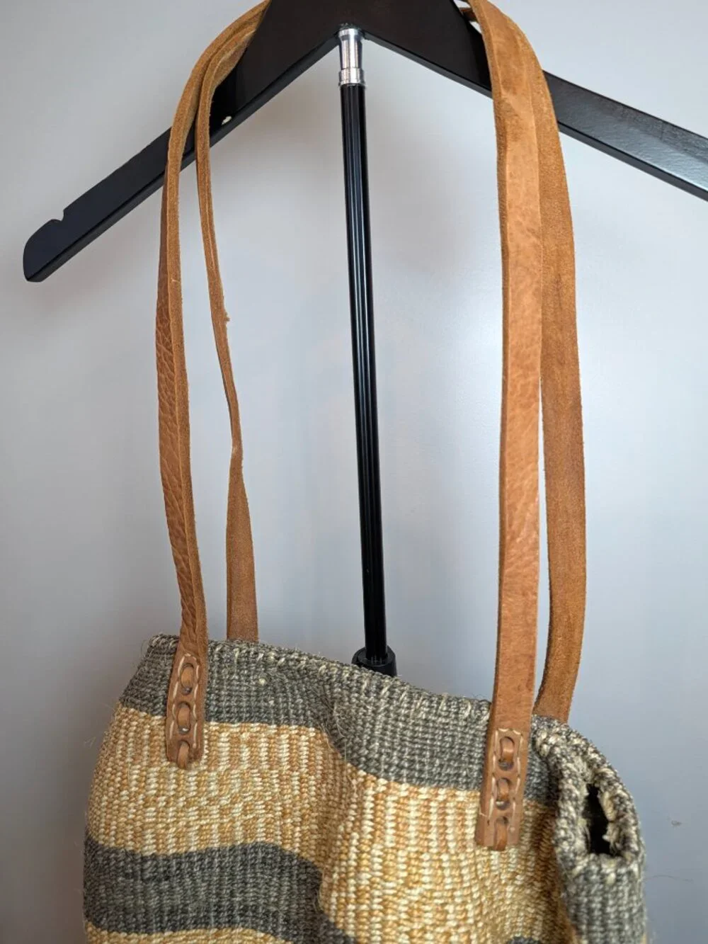 Vintage Sisal Market Bag African Boho Jute Striped Leather Straps Bucket Tote